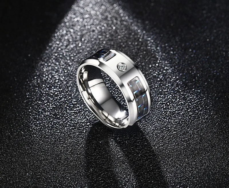 Мужские 8 мм кубический цирконий и черное углеродное волокно инкрустация обручальное кольцо с нержавеющей стали модные ювелирные изделия для мужчин s аксессуары