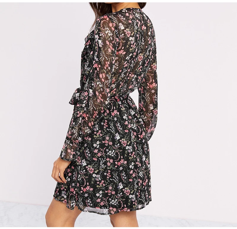 Boho Floral Print Long Sleeve Ruffle Short Dress in Boho Dresses