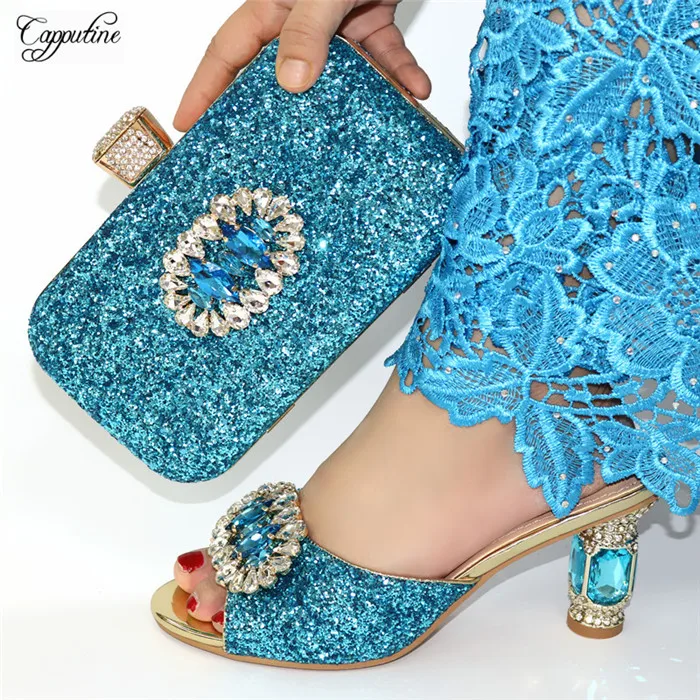 

Popular sky blue slip-on pump shoes with purse hanbag sets for lady CR169, heel height 8.8cm. 5 color