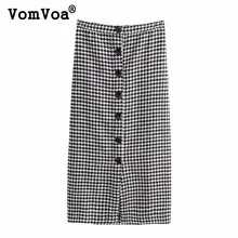 VomVoa Для женщин элегантное платье в клетку с рисунком «гусиные лапки» галстук-бабочка, шорты с эластичным поясом и пуговицами украсить или офисный стиль шик длинная юбка миди