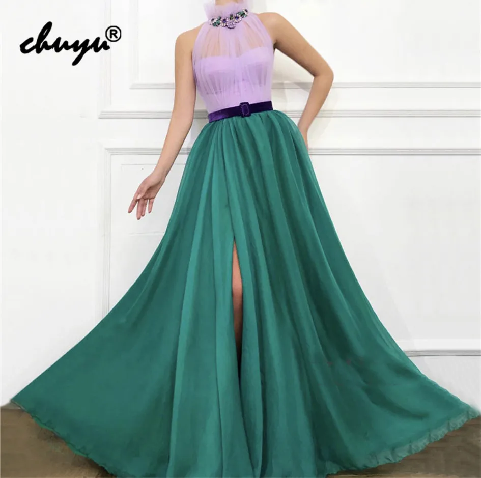 

2019 Muslim Evening Dresses Tulle High neck Crystals Slit Islamic Dubai Saudi Arabic Evening Gown Prom Dress