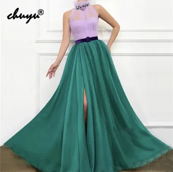 

2019 Muslim Evening Dresses Tulle High neck Crystals Slit Islamic Dubai Saudi Arabic Evening Gown Prom Dress