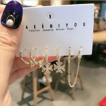 

6-piece copper set of geometric small earrings pictogram fishtail flower connecting ear line earrings