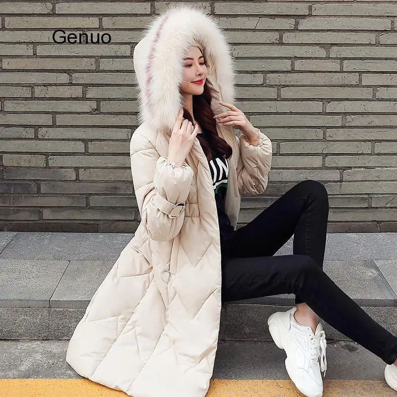 Women's Long Cotton Jacket With Big Fur Collar Overcoat Winter Clothes Korean Style Lace-up Slim-fitting Plus Cotton Jacket Wome