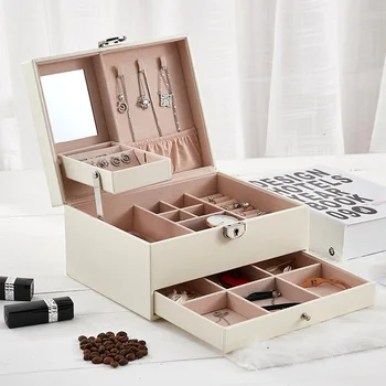 

Classical fashion women white color leather jewelry box top quality jewelry Makeup Organizer Box Jewelry Storage Case 200807-41