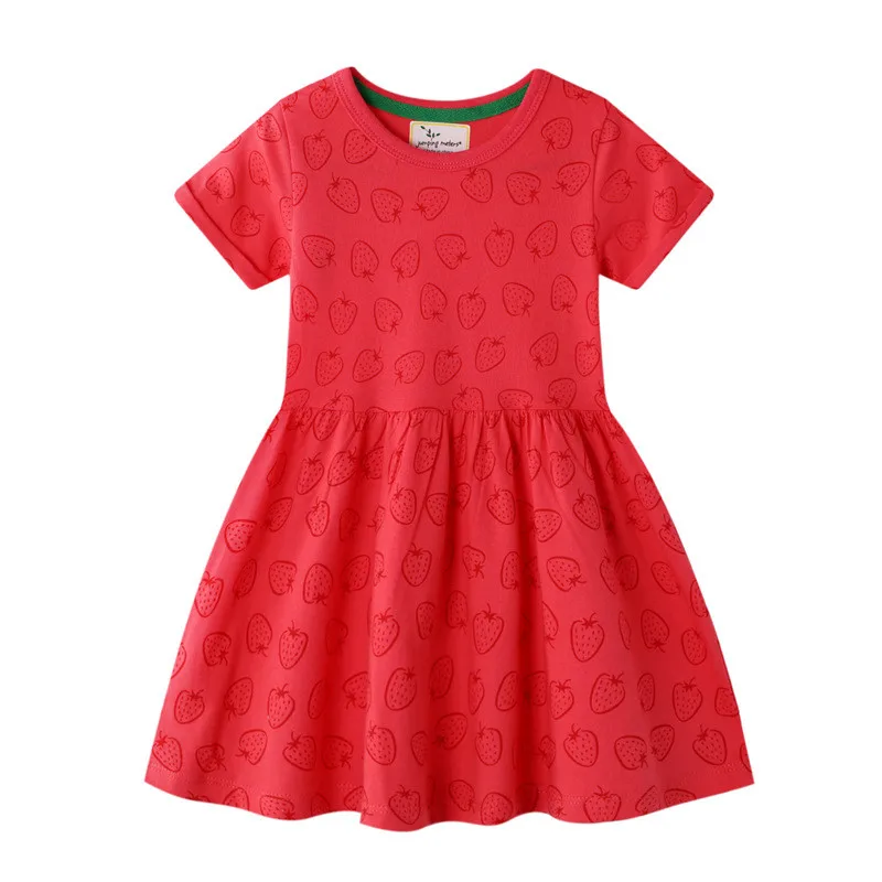 

Jumping Meters Baby Girls Red Strawberry Cartoon Summer Dresses Kids New Fashion Short Sleeves Cotton Clothes Hot Selling 2020