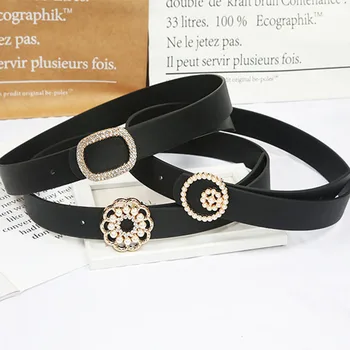 

New Vintage Pearl Belt with Rhinestone Snap Buckle Thin Belt Petal Round Belt Buckle Waist Band Simple Jeans Dress Decoration