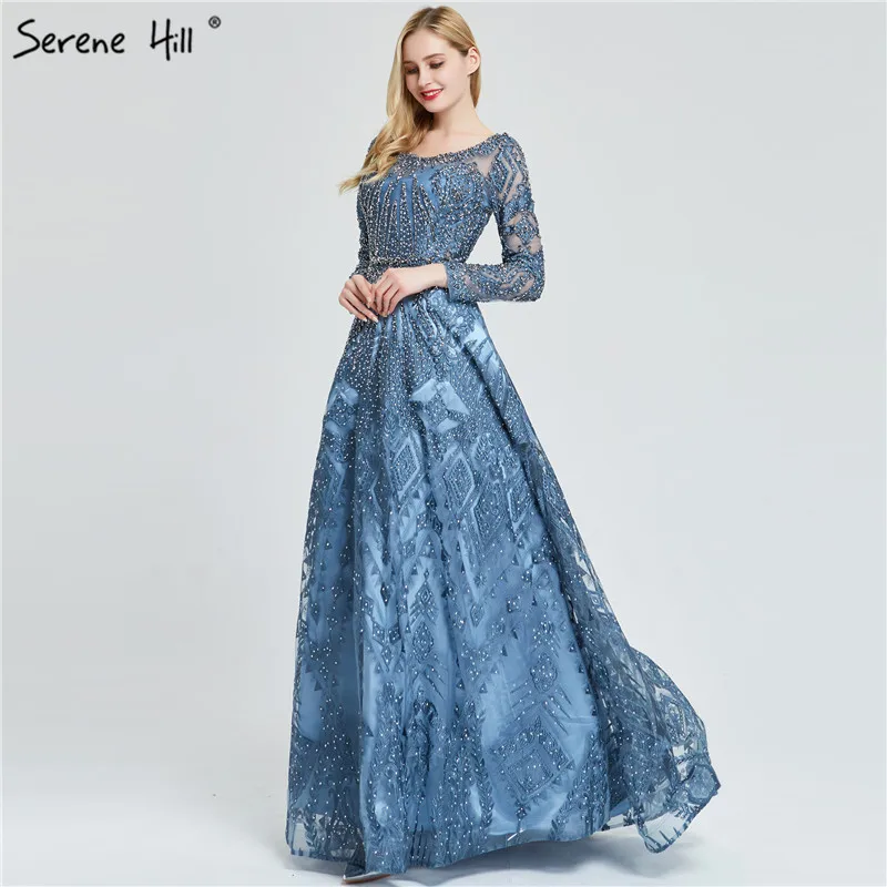 

Dubai Luxury Long Sleeves Prom Dresses 2019 Latest Design Navy Blue O-Neck Crystal Prom Gowns Serene Hill Plus Size BLA60900
