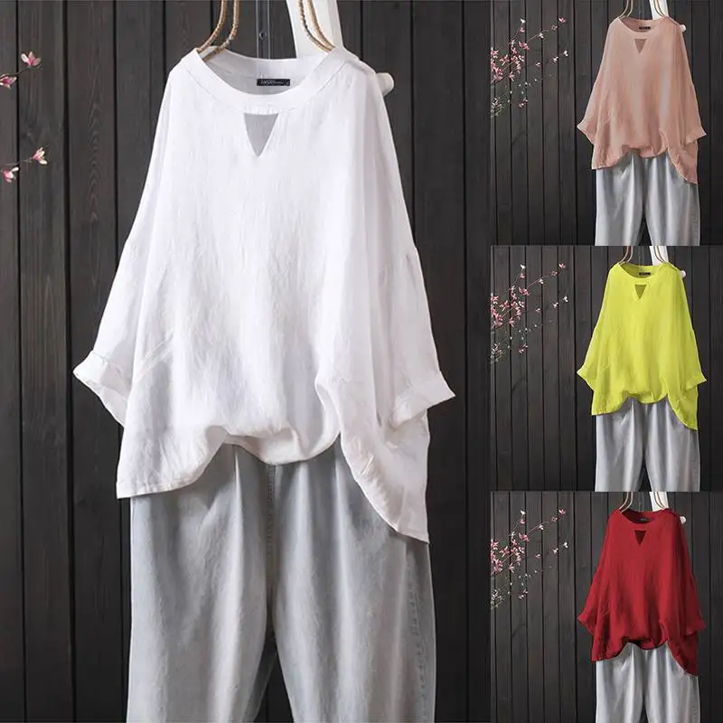 ZANZEA Женские повседневные блузки хлопок Туника Топы Твердые Полые Blusas офисные женские Рабочие Рубашки Сорочка плюс размер 5XL