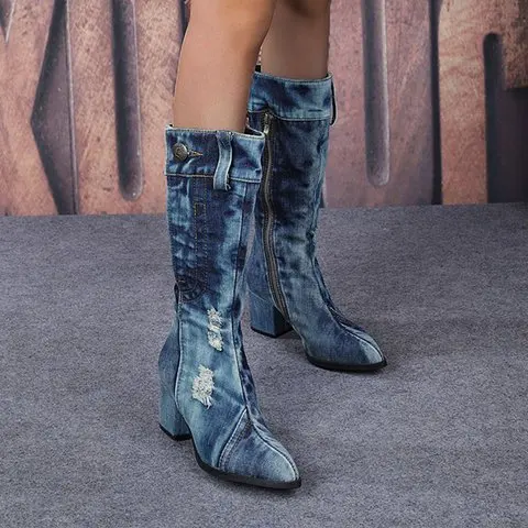 Хорошие джинсовые зимние Для женщин сапоги на шпильках женская обувь Повседневное до середины икры, сапоги с квадратным каблуком круглый носок женские пинетки Mujer
