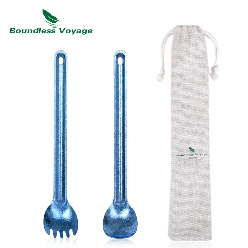 Boundless Voyage Ultralight Outdoor Titanium Long Handled Spoon Spork Camping Polished Tableware Flatware Set