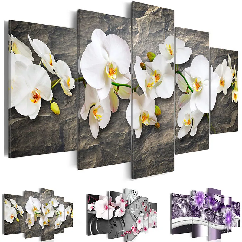 

Modern Painting Canvas 5 Panels Decoration Orchid Flower Abstract Background Print Poster Wall Art Picture for Living Room Decor