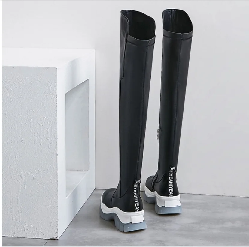 Womens Round Toe Over The Knee Thigh Long Boots Genuine Leather High Heel Side Zipper Black Shoes New Arrival
