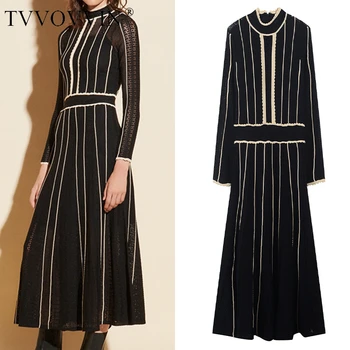 

TVVOVVIN Color Women Matching Dress Stand Collar Knitting Dresses Hollow Out Long Sleeve Autumn Winter Knitting Dresses 2020 HE4