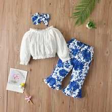 Conjunto de ropa para niña de 0 a 2 años, trajes de Primavera/otoño de 3 piezas, Top blanco de manga larga + Pantalones florales azules, conjunto de diadema para bebé