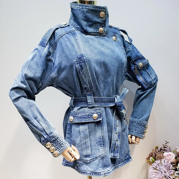 

2019 New Summer Clothing Denim Jacket Streetwear Single Breasted Waist Wide Belts Slim Coat