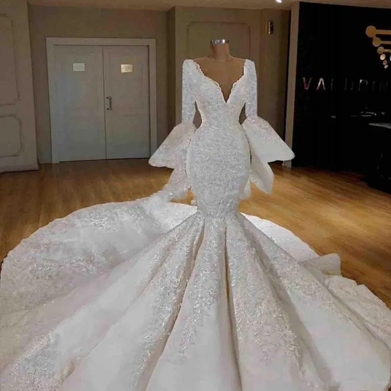 Великолепное свадебное платье русалки, расшитое бисером, vestido de noiva, Дубай, арабское свадебное платье с кружевами, Аппликации, пышные рукава, свадебные платья