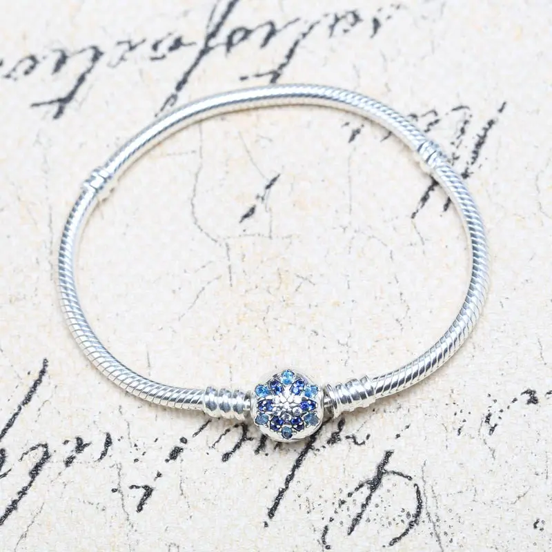 

925 Sterling Silver Bracelet Crystalized Snowflake Clasp Snake Chain Bracelets Bangle Fit Women Bead Charm Diy Fine Jewelry