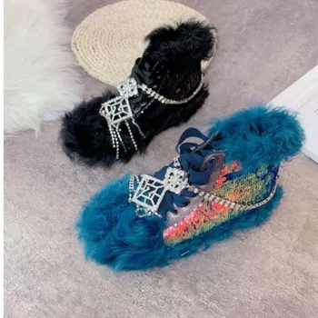 

Womens Round Toe Real Lambswool Fur Ankle Boots Rhinestones Crystal Chain Shoes Sequins Bling Furry Warm Winter Snow