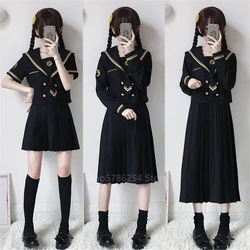 FAKUNTN Japanese School Uniform Sailor Shirt Skirt Set Bad Girl Doll Black Gothic Solid Color Pleated JK Suit High School