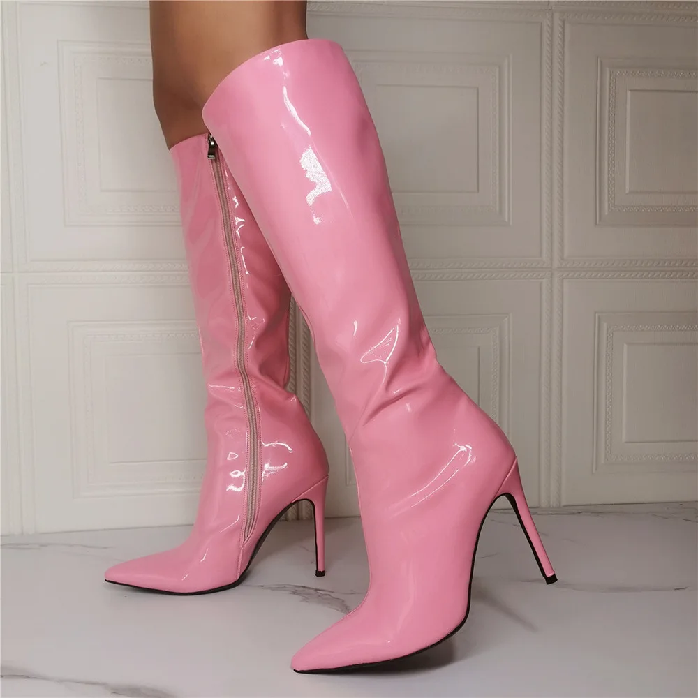 Kolnoo 2022 New Womens High Heel Boots Pink Patent Leather Sexy British Style Party Mid Calf Boots Evening Fashion Half Shoes