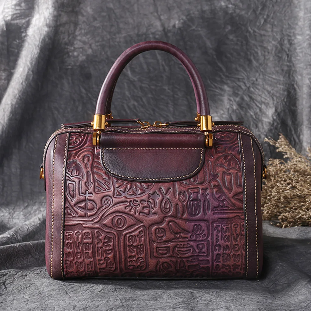 

P-F bag Genuine Leather Handbags Embossed Women Tote Handbag Fashion Portable Shoulder Messenger Bags Retro Folk-custom Bag