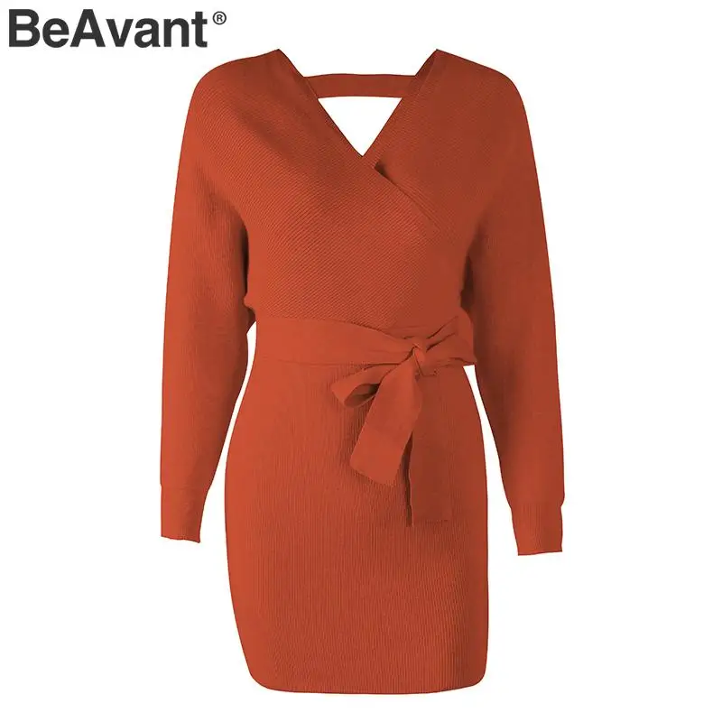 Оранжевый BeAvant, сексуальное женское платье-свитер с v-образным вырезом, платье с высокой талией и поясом, вязаное платье, элегантное женское осеннее зимнее винтажное короткое платье - Цвет: Оранжевый