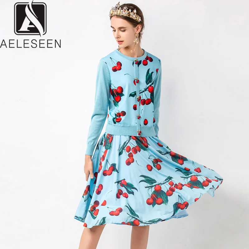 

AELESEEN Sweet Fruit Print Twinset High Street Knitting Cherry Button Pullover Sweater Tops + Elegant Chiffon Midi Skirt Sets