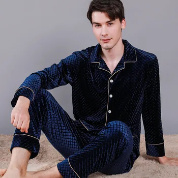 

Spring Autumn Men's Gold Velvet Pajamas Suit Cardigan Lapel Men's Home Pijamas Gold Velvet Two-piece Suit Can Be Worn Outside