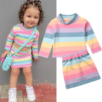 

1-6T Fashion Toddler Kid Girl Clothes Set Baby Girl Autumn Long Sleeve Rainbow Striped Tops+ Slim Mini Skirt Outfits Clothes