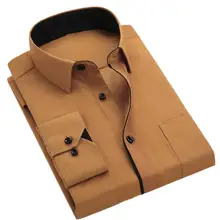 Мужчины с длинным рукавом сплошной цвет отложной воротник с карманом пуговицы хлопок тонкий офис рубашка