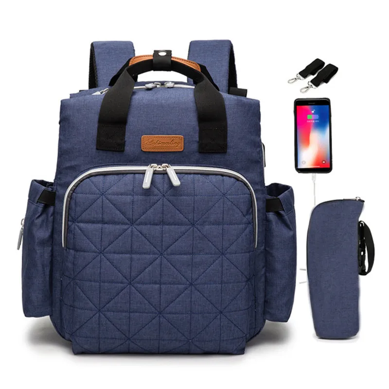 Одноцветная многофункциональная модная USB сумка для мам, НОВАЯ Портативная сумка для подгузников, рюкзак, сумка для беременных, детские сумки для мам, сумка для коляски - Цвет: Темно-синий