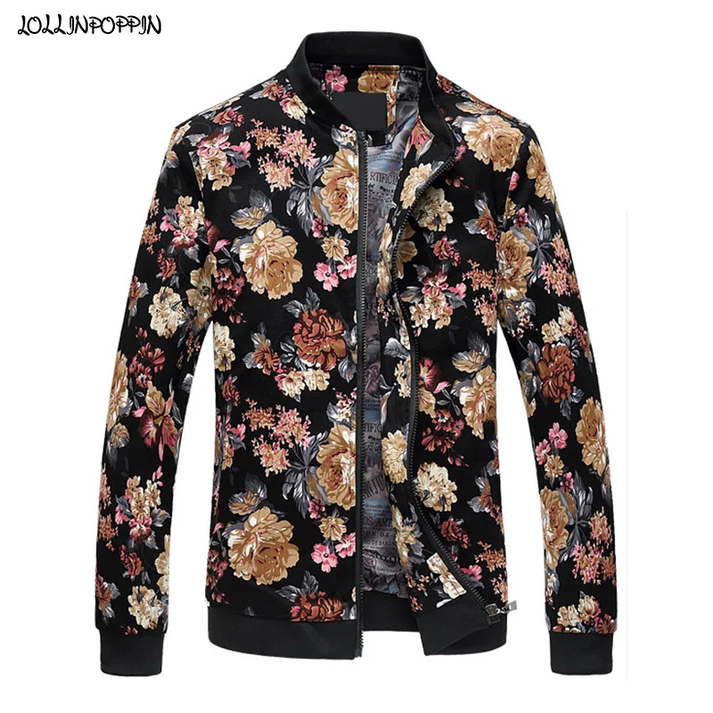 Мужская хлопковая куртка бомбер с цветочным принтом и воротником стойкой|floral jacket