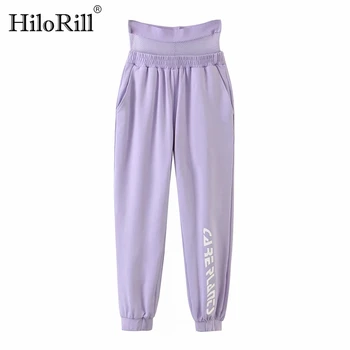 

HiloRill Women Sport Wear Mesh Patchwork Jogger Pants Fashion High Waist Long Sweatpants Ladies Letter Print Purple Trousers