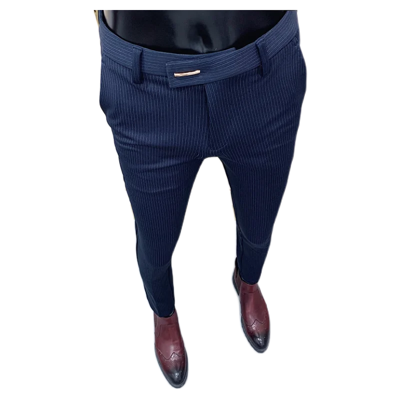 Chic Striped Navy Blue Pants Men Elegant Slim Fit Tight-ankle Suit Trousers Pants For Men Office Party Trousers Mens Dress