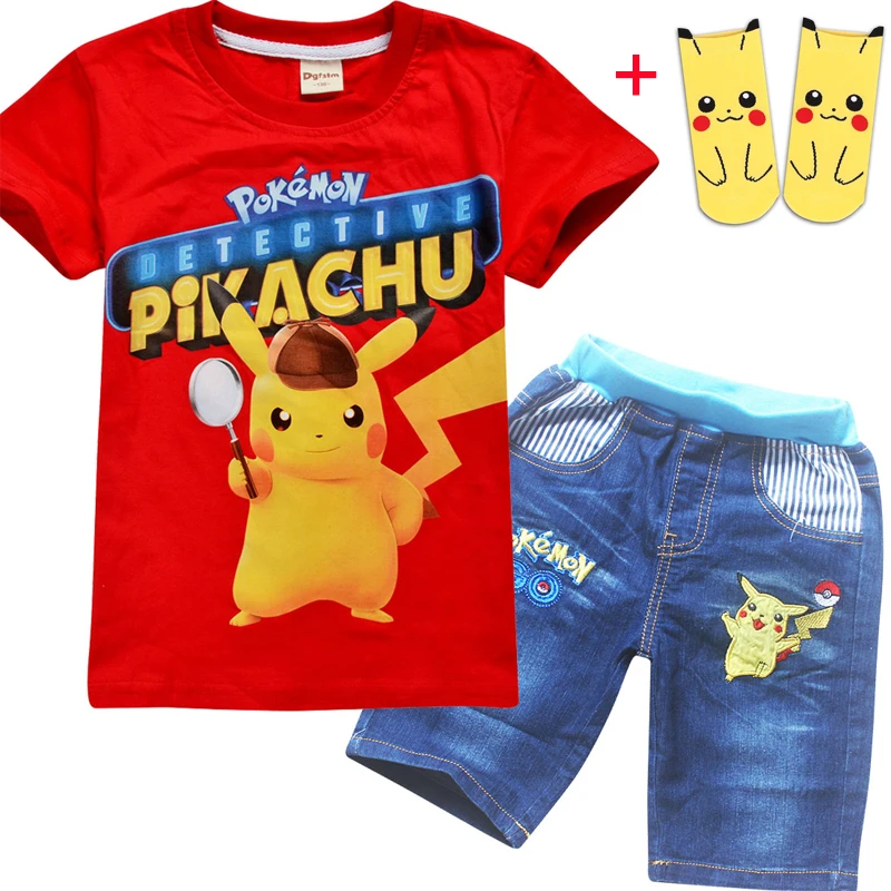 Футболки для мальчиков+ брюки джинсы спортивные костюмы «Пикачу» мультяшная одежда для детей «Покемоны вперед» для мальчиков набор детской одежды