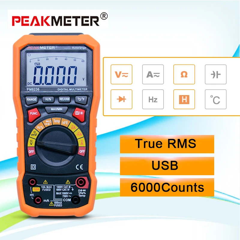 PEAKMETER MS8236 6000 отсчетов цифровой мультиметр с T-RMS/USB 1000 В 10A 60 м ом 100mF 10 МГц рабочий цикл температуры