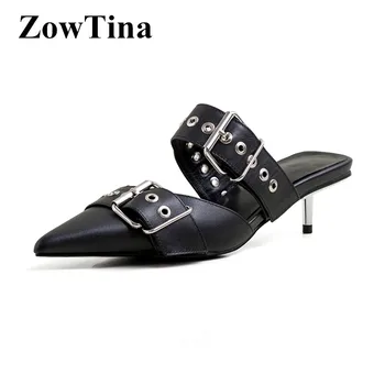 

Italy Design Women Black Leather Mules Shoes Pointed Toe Studded Med Heels Summer Shoes White Wedding Shoes Strap Zapatos Femmes