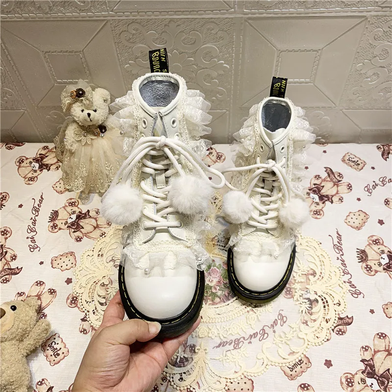 

Winter New Lolita Sweet Short Boots Lovely Lace Strapping Female Boots Leather Inner Heightening Martin Boots Women Anime Shoes