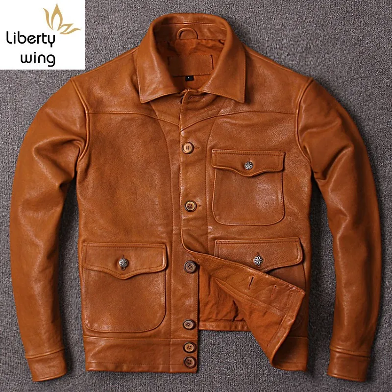 

Solid Slim Vintage Genuine Jacket Mens Classic Lapel Single Breasted 100% Cowhide Real Leather Coat Fashion Man Clothes