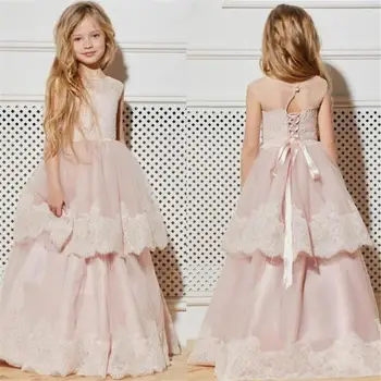 

Cute Pink Flower Girl Dresses For Wedding Lace Applique Girls Pageant Gowns Communion Wear Floor-Length Tulle Prom Girls Dresses