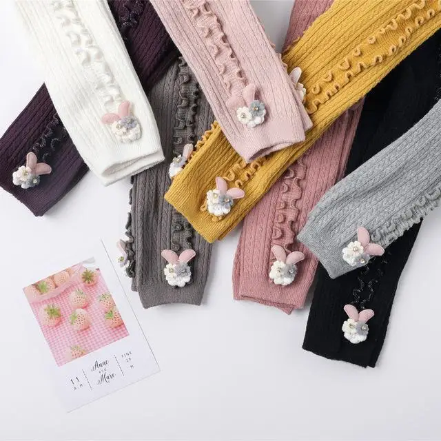 0-5Y Winter Autumn Stockings Baby Toddler Girl Warm Ribbed Knit Ankle-Length Soft Cotton Stretchy Pants Side Ruffled Seam Tights