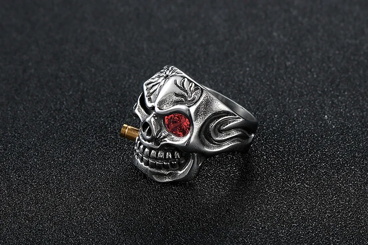 Stainless Steel Ring Finger Ring Men's Hip Hop Punk Red Eye Skull Bite Bullet Jewelry