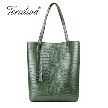 

Fashion Bucket Handbag Crocodile Pattern Tassel Shoulder Bags Large Capacity Woman Tote Handbag Shopping Bag Alligator