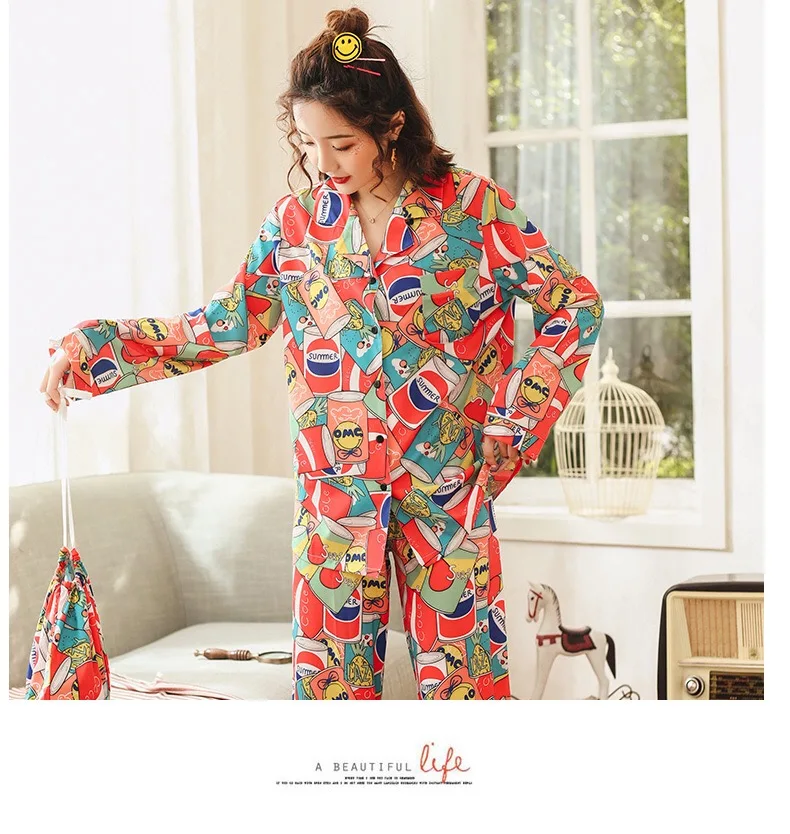 Autumn Fashion New Colorful Pajamas Set Ladies Comfort Soft Ice Silk Long Sleeve Homewear Femme Satin Long Sleeve Sleepwear