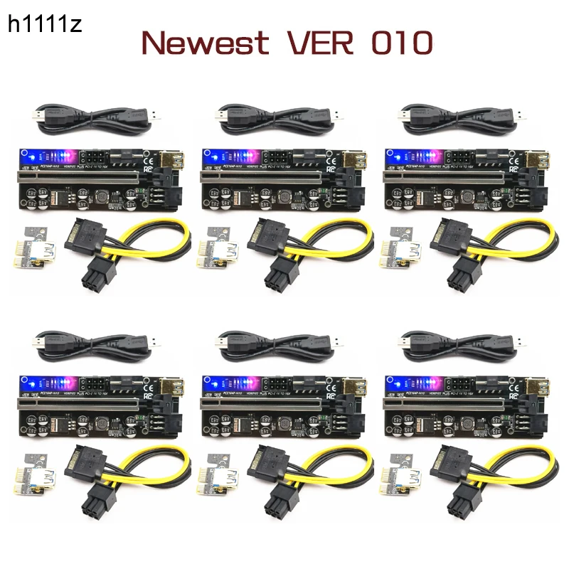 6pcs Riser 010 USB 3.0 PCIE Riser PCI Express X16 Extender Adapter 010S Plus GPU Card SATA 15pin to 6pin Power Marquee LED