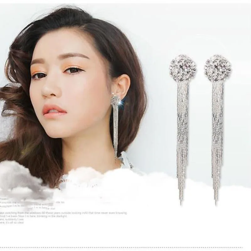 Luxury Bridal Rhinestone Round Shape Tassel Clip on Earrings Non Piercing for Women Big Statement Pierced Earrings ear clip earrings clip earrings ear clip