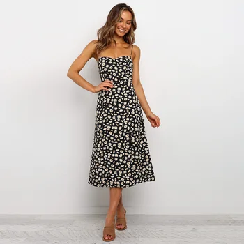 

Women Sleeveless New Summer Sexy Spaghetti Strap Dress Wasit Office Lady Print Strapless Knee-length Dress