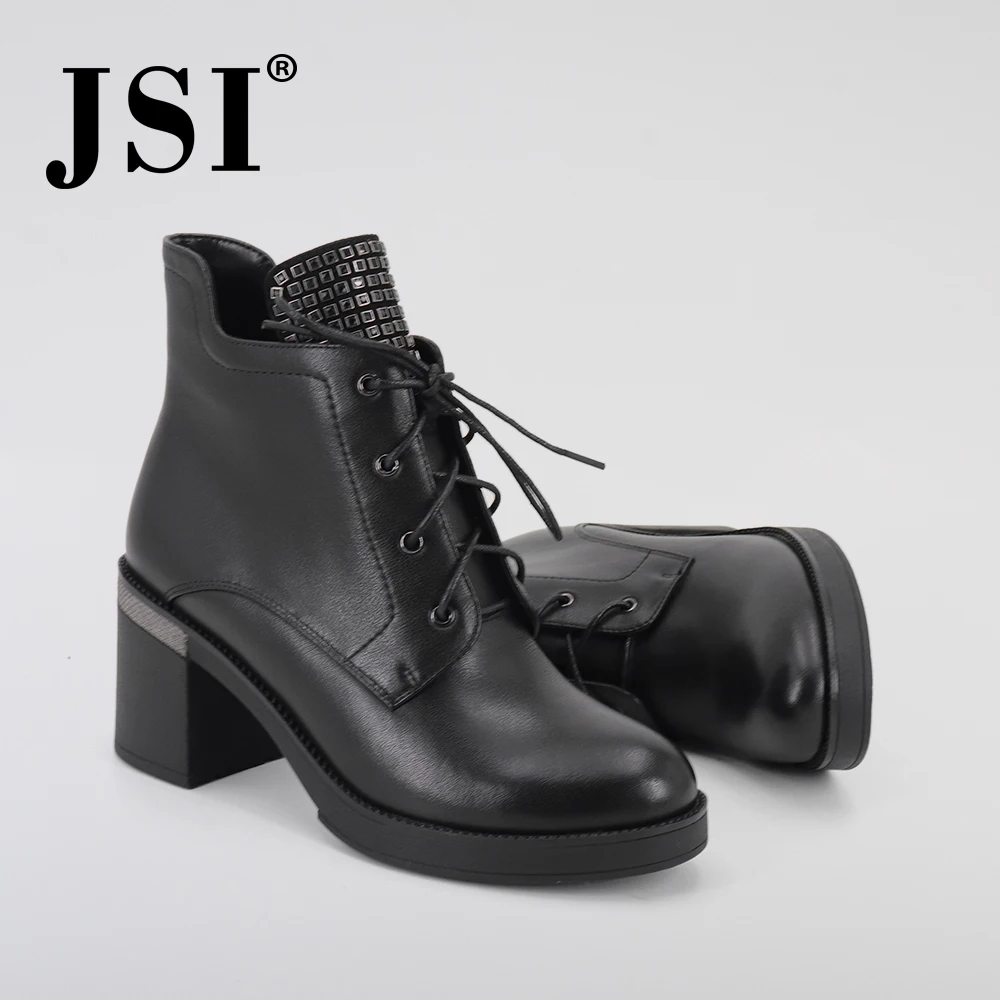 Najtaniej JSI buty damskie zimowe sznurowane prawdziwej skóry połowy łydki buty z zaokrąglonym czubkiem kwadratowy obcas szpilki ręcznie solidne buty damskie JC343