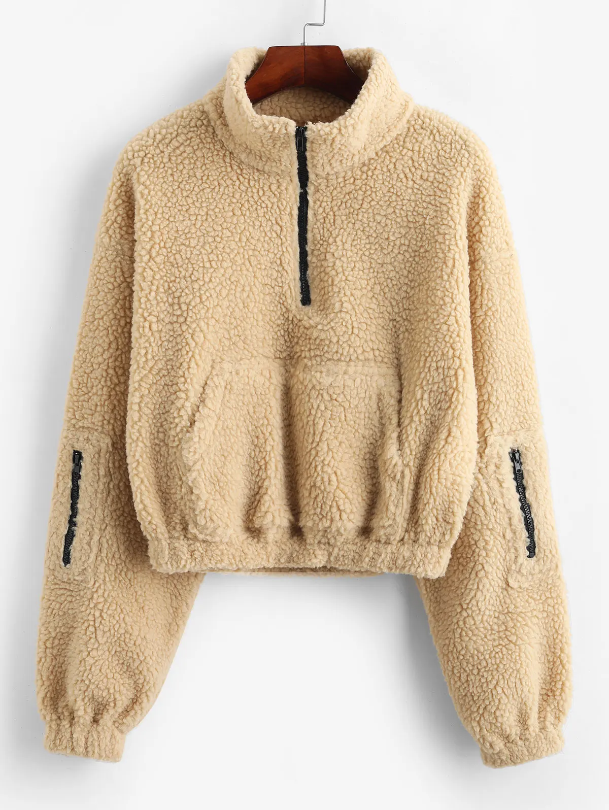  ZAFUL Front Zip High Neck Pocket Fluffy Teddy Sweatshirt Autumn Winter Full Sleeves Solid Color Wom